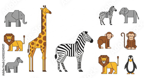 Photography Collection of cartoon safari animals in pixel art style.