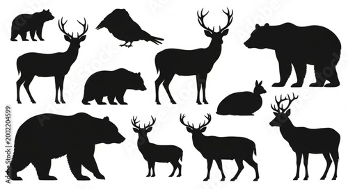Collection of Wild Animal Silhouettes Including Deer and Bears.