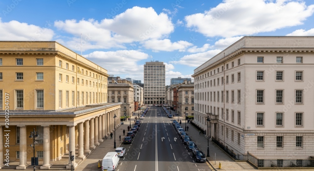 Fototapeta premium Modern City Street with Contemporary Architecture and Traffic