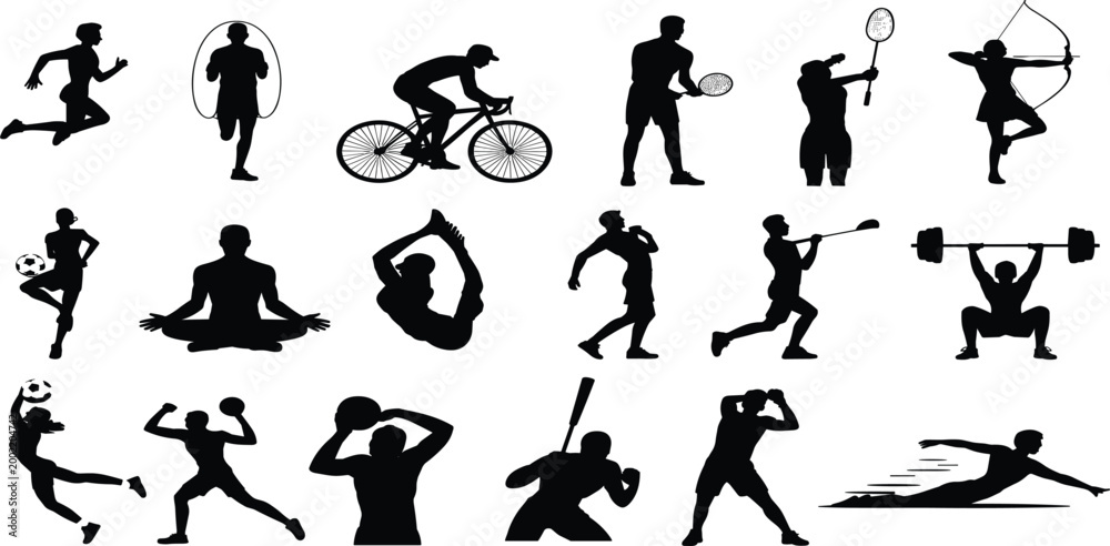 Fototapeta premium Collection of Silhouettes of Athletes Engaged in Various Sports running jumping