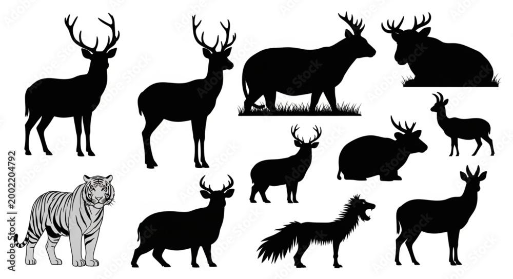Fototapeta premium Collection of Animal Silhouettes Including Deer and Tiger.