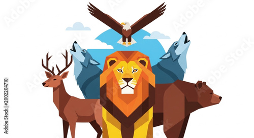 Canvas Print Majestic Wild Animals Grouped Together Illustration.