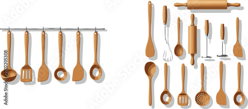 Pink and Black Kitchen Utensils Set with Outline Style Ladle Whisk and Skimmer Vector Illustration