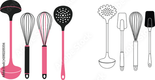 Pink and Black Kitchen Utensils Set with Outline Style Ladle Whisk and Skimmer Vector Illustration