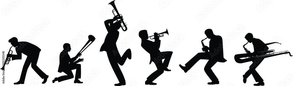 Naklejka premium Silhouette of Jazz Musicians Playing Various Instruments saxophone player trumpet player