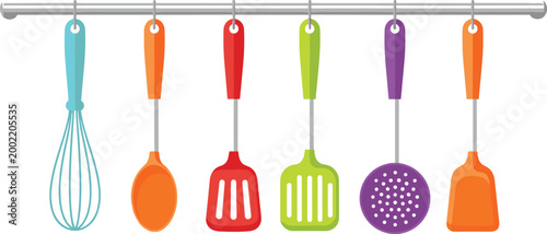 


Colorful Hanging Kitchen Utensils and Cooking Tools Set Flat Vector Illustration for Design
