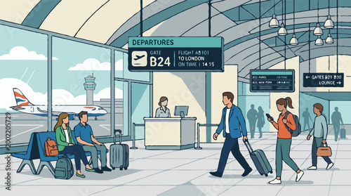 Busy airport departure terminal with passengers and flight information displays