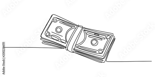 Continuous single line drawing of a stack of paper money banknotes