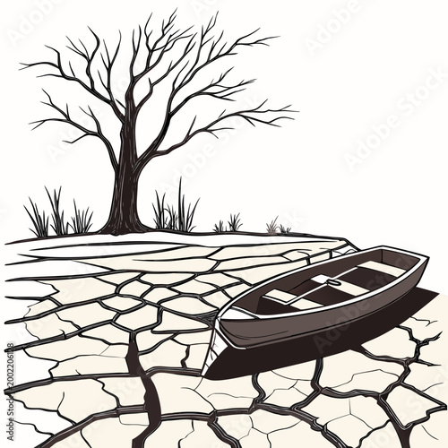 drought impact scene with cracked earth and stranded boat high quality