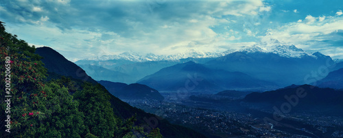 Panorama of Himalayas with Annapurna and Machhapuchhre (Fishtail) mountain pe...