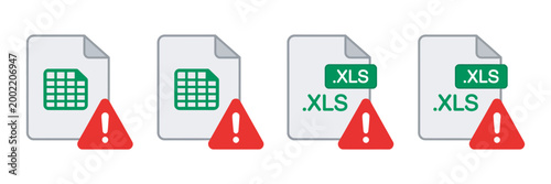 Excel file format error icon set XLS warning symbol indicating corrupted document, file issue alert, spreadsheet problem concept vector illustration.