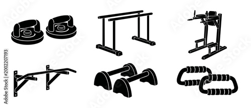 Gym Exercise Equipment Set Icons for Calisthenics Workout, Push Up Handles, Parallel Dip Bars and Wall Pull Up Station, Vector Silhouettes for Fitness Training, Sport Gear Collection Isolated on White