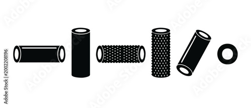 Foam Roller Gym Equipment Set, Pilates and Yoga Exercise Tool Icon Collection, Vector Fitness Accessory, Physical Therapy Recovery and Muscle Massage Relief Symbols, Minimalist Black Silhouette Design