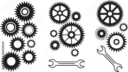 Mechanical gears and wrenches set in black silhouette on transparent background for repair service and technical maintenance icon.