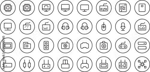 Collection of technology icons, including computers, processors, headphones, and cameras.