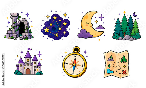 Fantasy Adventure Icons Set – Compass, Moon, Map, Forest, Ruins, Castle, Constellation Vector Collection
