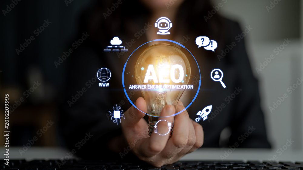 Naklejka premium Professional Concept of Answer Engine Optimization with Innovative Light Bulb and Digital Icons Representing Modern Technology and Search Tools Fluxor.
