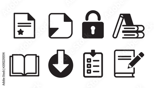 Document and security icon set featuring starred file folder, padlock, stack of books, and checklist on clipboard representing data protection, organization, and verification concept.