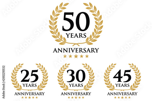Elegant golden laurel wreath anniversary badges celebrating 25 30 45 and 50 years milestone achievements in sophisticated minimalist design