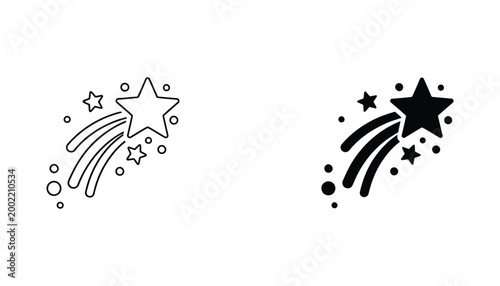 Shooting star streak vector icon set in outline and solid black style isolated on white background featuring celestial sparkle elements for space themes and night sky graphic design projects