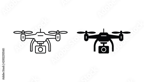 Tableau sur toile Professional drone camera quadcopter icon set in outline and solid black styles