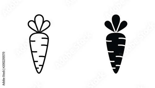 Fresh carrot vegetable icon set in outline and solid black styles for organic farming branding and healthy food menu design
