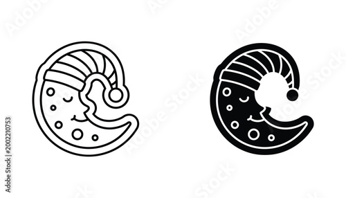 Fotografi Sleeping crescent moon character in nightcap vector icon in outline and solid bl
