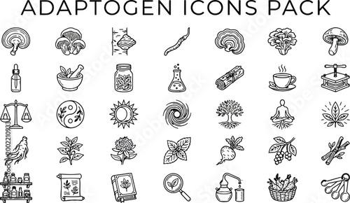 A comprehensive set of black and white line icons representing various adaptogen herbs mushrooms and natural wellness elements