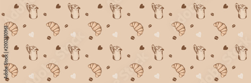 Background design food for coffee pattern watercolor and illustration green seamless. Graphic breakfast sketch for drawing cafe drink and beverage pastry espresso. Background minimalist bean.