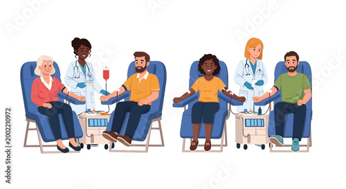 People donate blood to nurses in a medical clinic setting indoors