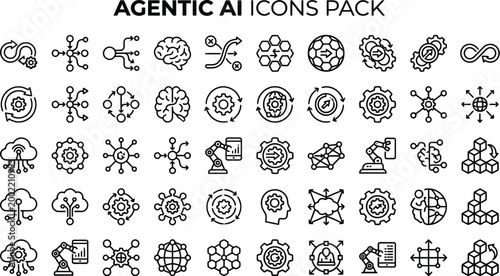 A comprehensive collection of agentic artificial intelligence line icons featuring neural networks and advanced automation technology design elements