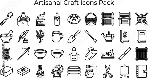 Collection of hand-drawn line art icons representing various artisanal craft and hobby activities.