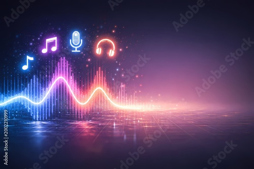Digital Waveform with Floating Sound Icons


