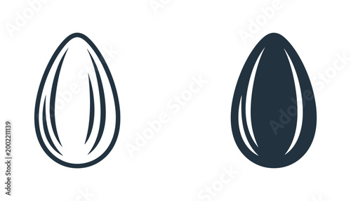 Single almond nut icon set in clean outline and solid dark silhouette styles for food industry and nutrition labels isolated on white background