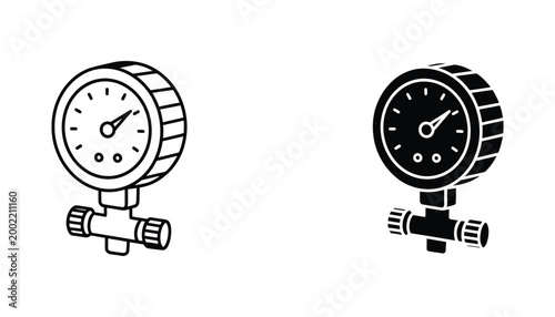 Industrial pressure gauge and valve icon set in outline and solid black silhouette styles for engineering and plumbing diagnostic tools isolated on white background