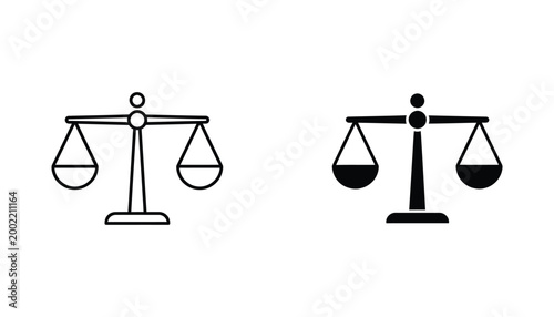 Classic law scales of justice icon set in elegant outline and solid black silhouette styles for legal and court system branding isolated on white background