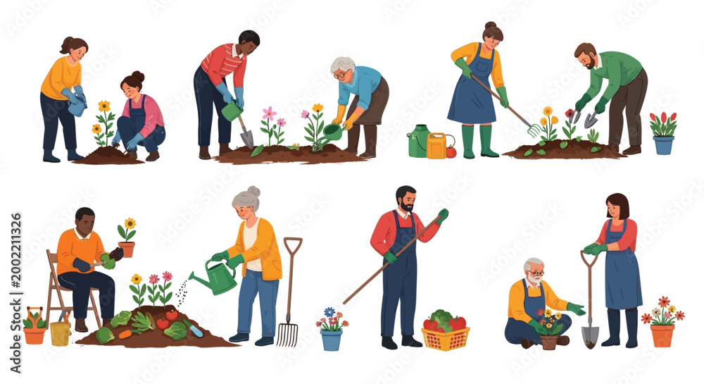 Fototapeta premium People from different age groups and ethnicities are gardening together outdoors in a community setting with flowers and plants.