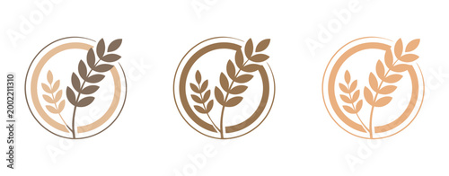 Organic Wheat Grain Logo Set, natural brown tones, agricultural branding symbols, food industry vector design, eco farm identity, harvest illustration concept