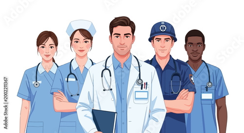Medical professionals standing together in a hospital setting wearing scrubs