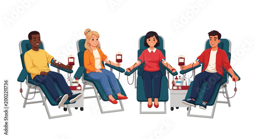 People donating blood in a medical setting with four individuals seated