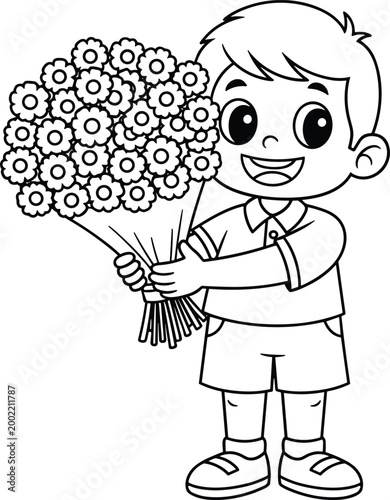 Black and white cartoon child holding bouquet of flowers, joyful line drawing for kids coloring and creative activities