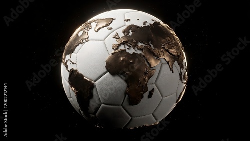 Luxury global soccer ball with metallic world map on black background, international football tournament concept image