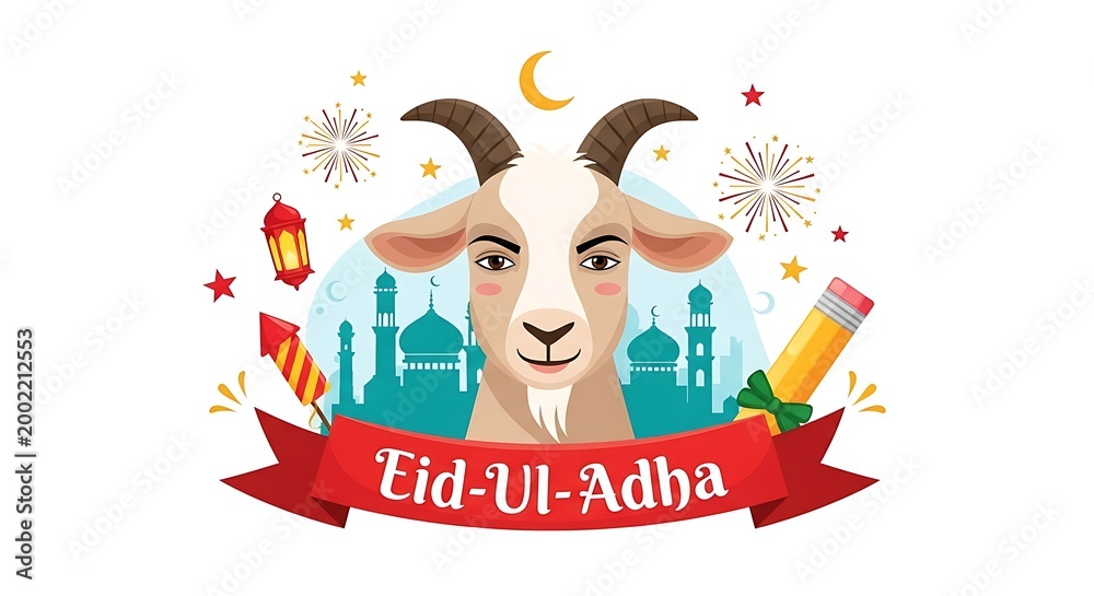 Fototapeta premium Joyful Eid al-Adha illustration featuring a cute goat and mosque silhouettes
