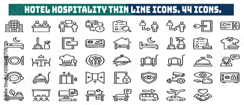 Collection of hotel hospitality and travel thin line icons representing services and amenities.