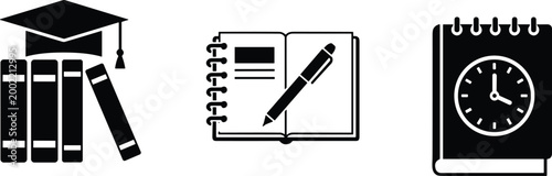 Lifestyle and productivity vector icon set featuring graduation books camera notebook with pen clock calendar VR headset and tea cup.