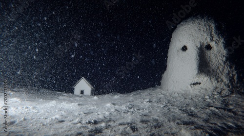 A small house stands in a snowy landscape under a dark sky, with a large snow creature nearby during heavy snowfall.