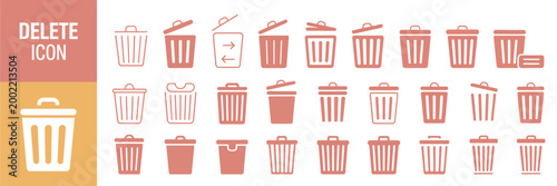 Delete icon set featuring trash can symbol, rubbish bin sign, and delete button representing file removal, data clearing, and digital discard action concept.