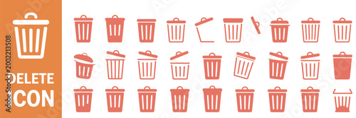 Delete icon set featuring trash can symbol, rubbish bin sign, and delete button representing file removal, data clearing, and digital discard action concept.