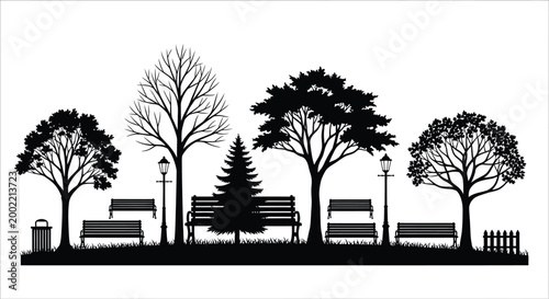 park scene with trees benches and lampposts silhouette high quality professional detailed modern elegant stylish clean crisp vibrant colorful digital creative