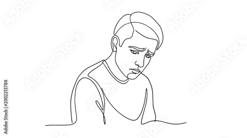 Sad Young Man Thinking Deeply, Single Line Art Illustration Depicting Emotional Contemplation